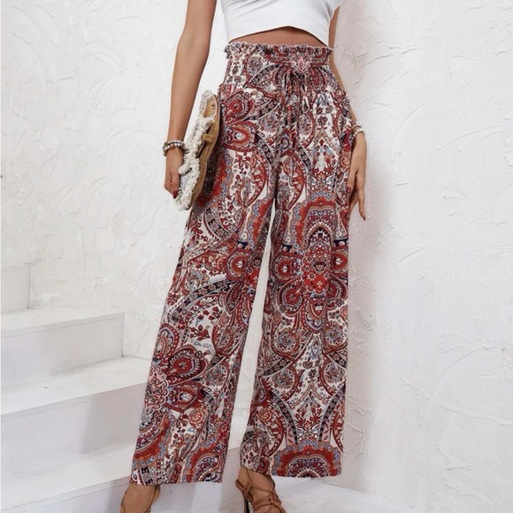Boho Floral Paisley Print Wide Leg Palazzo Pants - Picture 3 of 7
